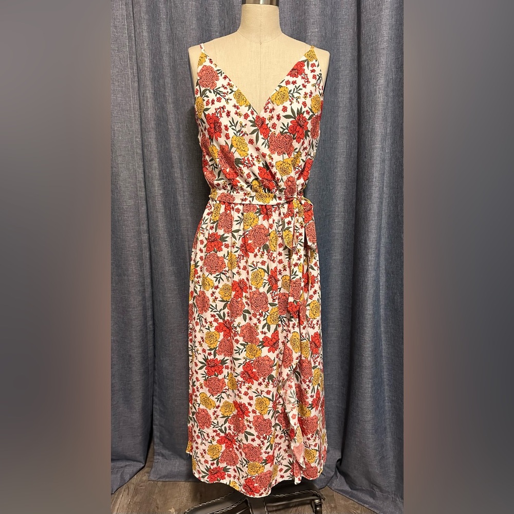 LOFT Red and Orange Sleeveless Wrap Midi Dress
